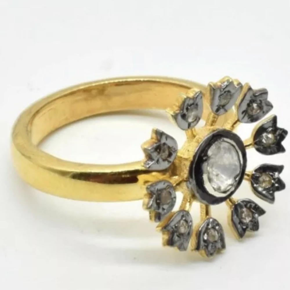 Gold-Plated Sterling Silver Diamond(0.9ct) Victorian Jewelry Ring (~Size 6.5)